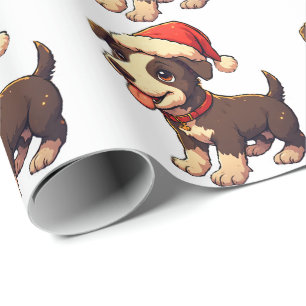 Cute Cheerful Christmas Puppy with Santa Hat Wrapping Paper
