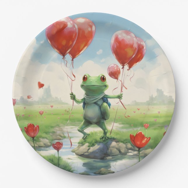 Cute Cheerful frog red balloons Paper Plate (Front)