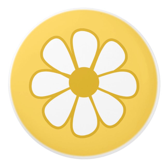 Cute Cheerful Retro Flower Mustard Yellow White Ceramic Knob (Front)