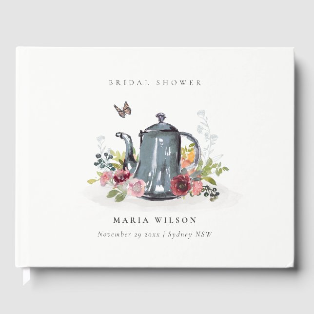 Cute Cheerful Roses Floral Teapot Bridal Shower Guest Book (Front)