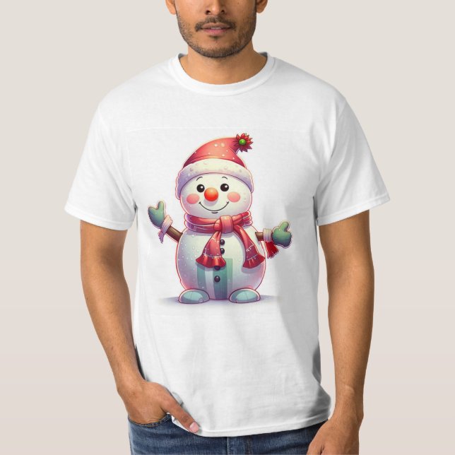 Cute Cheerful Snowman Wearing Santa Hat and Scarf T-Shirt (Front)