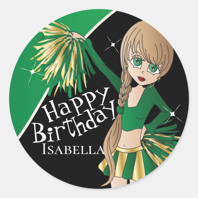 Cute Cheerleader Pom Pom Girls | Green Classic Round Sticker (Front)