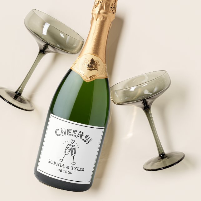 Cute Cheers Minimalist Chic Personalised Wedding Sparkling Wine Label (This classic, chic custom champagne label is perfect for weddings, engagements, & rehearsal dinners!)