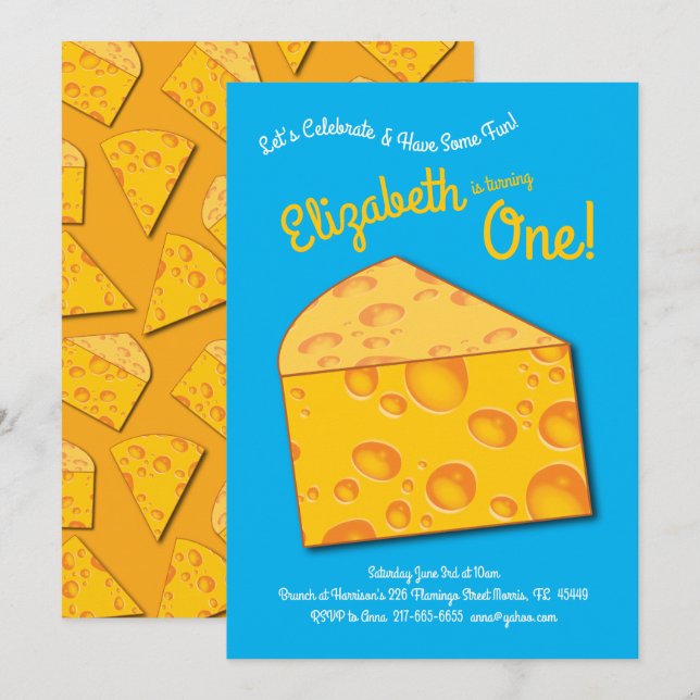 Cute Cheese Wedge Kids 1st Birthday Party Invitation (Front/Back)