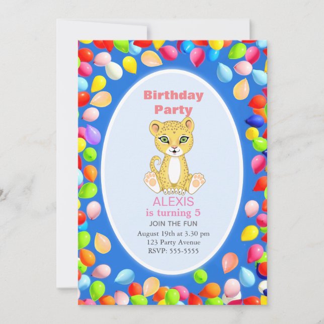Cute Cheetah & Balloons 5th Birthday Party Invitation (Front)