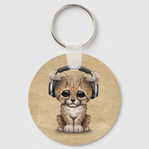 Cute Cheetah Cub Dj Wearing Headphones Key Ring
