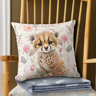 Cute Cheetah Cub Pastel Watercolor Spring Flowers Cushion