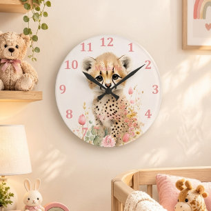 Cute Cheetah Cub Pastel Watercolor Spring Flowers Round Clock