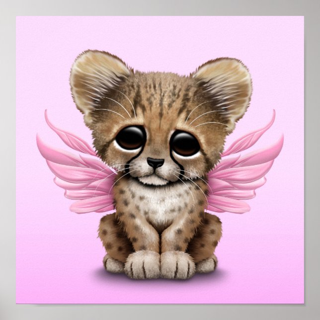 Cute Cheetah Cub with Fairy Wings on Pink Poster (Front)