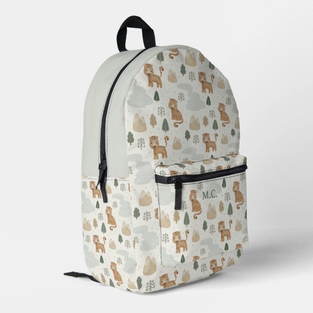 Cute Cheetah Safari Forest Mountains Monogram Kids Printed Backpack (Back Corner Left)