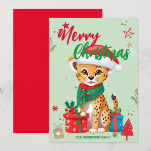 Cute cheetah santa Christmas Holiday Family name Card