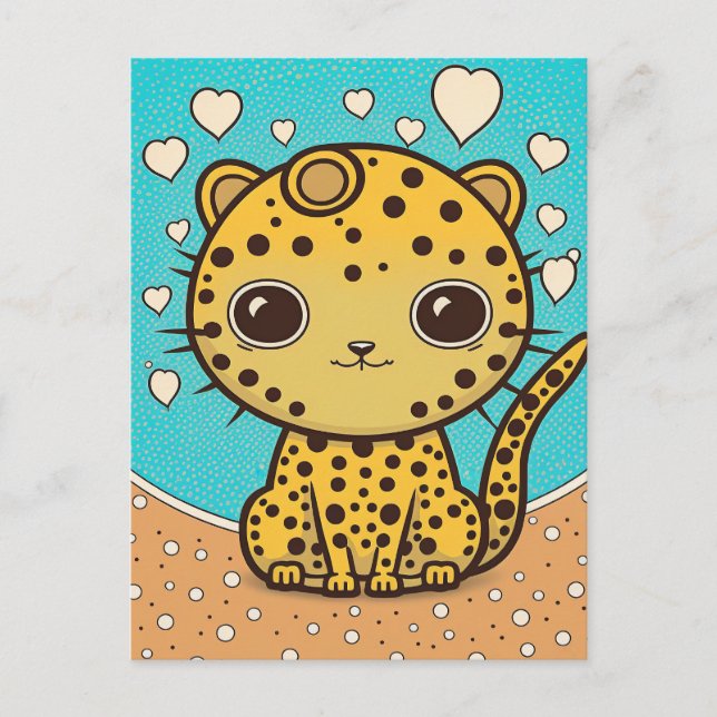 Cute Cheetah with hearts for love & valentine Postcard (Front)