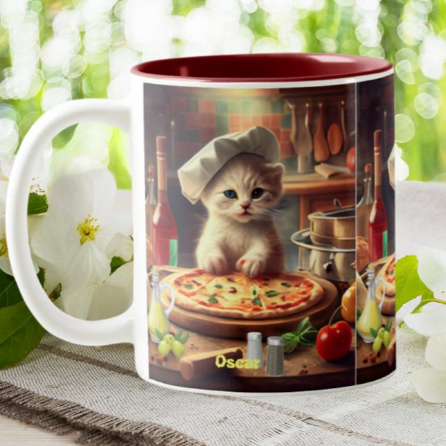 Cute chef Cat Making Pizza Personalised Name Two-Tone Coffee Mug (Creator Uploaded)
