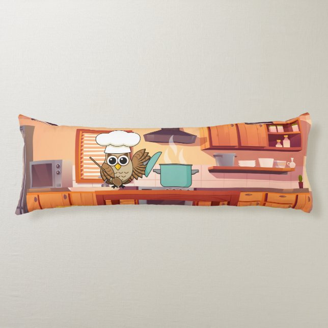 Cute Chef Owl Cooking in Kitchen Body Cushion (Front)