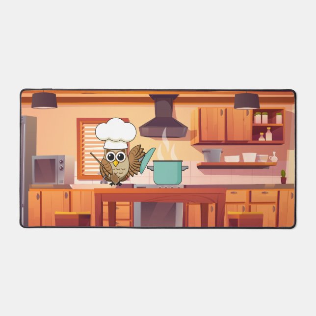 Cute Chef Owl Cooking in Kitchen Desk Mat (Front)