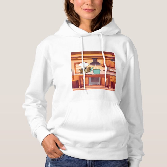 Cute Chef Owl Cooking in Kitchen Hoodie (Front)
