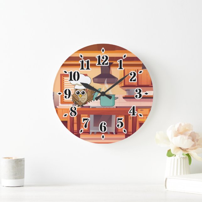 Cute Chef Owl Cooking in Kitchen Large Clock (Home)