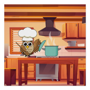 Cute Chef Owl Cooking in Kitchen Poster