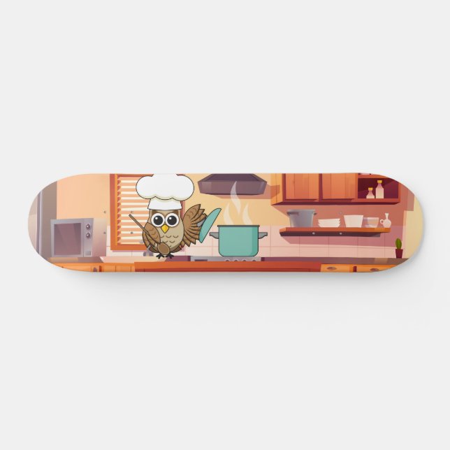 Cute Chef Owl Cooking in Kitchen Skateboard (Horz)