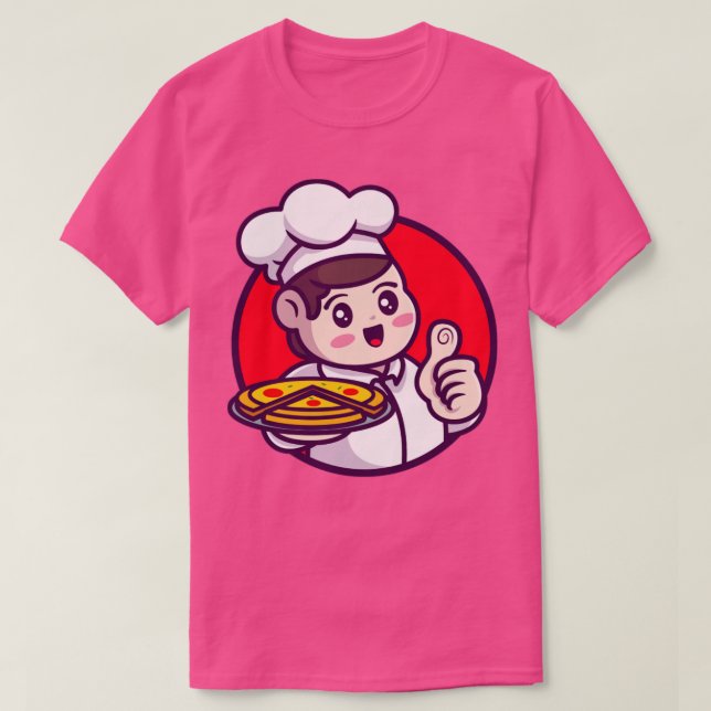Cute Chef Serving Pizza Cartoon T-Shirt (Design Front)