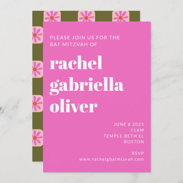 Cute Chequerboard Flower Green Pink Bat Mitzvah Invitation (Front/Back)