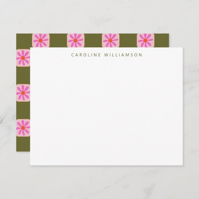 Cute Chequerboard Flower Green Pink Personalised  Card (Front/Back)