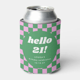 Cute Chequerboard Pink Green 21st Birthday Custom Can Cooler