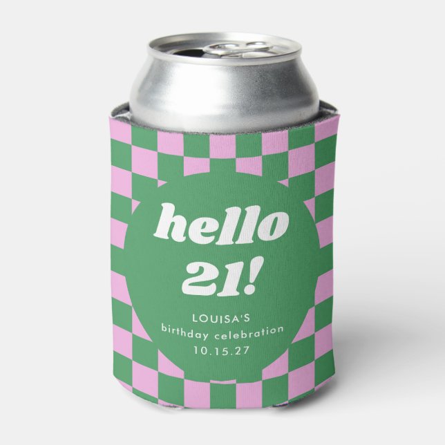 Cute Chequerboard Pink Green 21st Birthday Custom Can Cooler (Can Front)