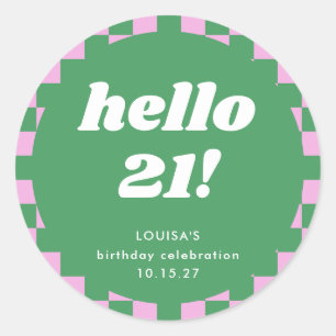 Cute Chequerboard Pink Green 21st Birthday Custom Classic Round Sticker