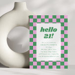 Cute Chequerboard Pink Green 21st Birthday Party Invitation<br><div class="desc">Cute Fun Retro Chequerboard Geometric 21st Birthday Party Invitation in Pink and Green</div>