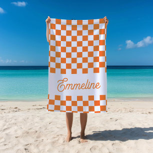 Cute Chequered Custom Name Orange Summer Pool Beach Towel