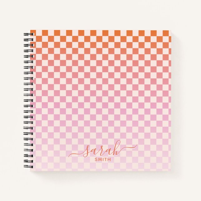 Cute Chequered Pink Orange Summer Vacation Notebook (Front)