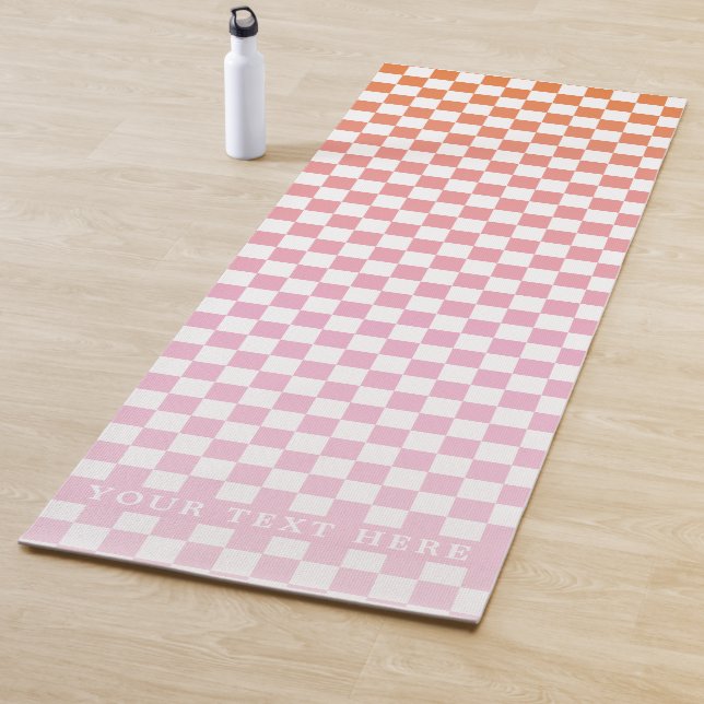 Cute Chequered Pink Orange Summer Yoga Mat (In Situ)