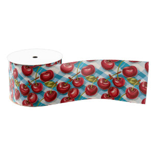 Cute Cherries and Blue Plaid Pattern  Grosgrain Ribbon