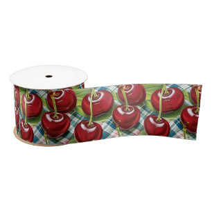 Cute Cherries Chequered Mid-Century Satin Ribbon