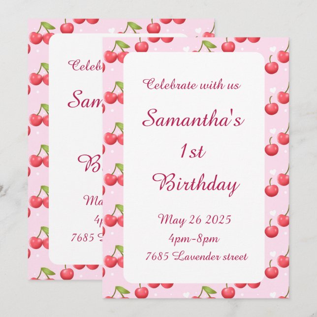 Cute Cherry 1st Birthday Party Invitation (Front/Back)