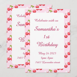 Cute Cherry 1st Birthday Party Invitation