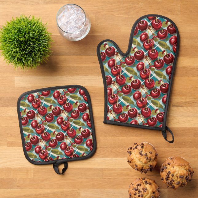 Cute Cherry and Blue Chequered Plaid Pattern  Oven Mitt & Pot Holder Set (Top Down)