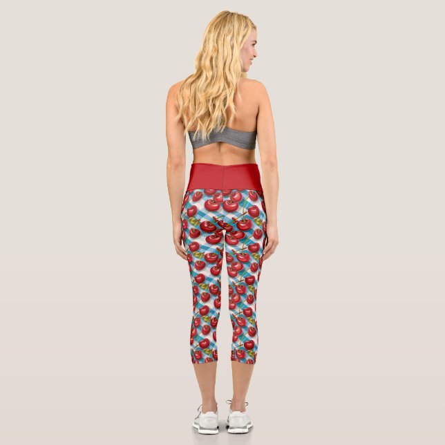Cute Cherry and Blue Plaid Pattern  Capri Leggings (Back)