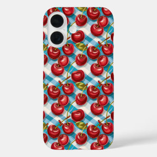 Cute Cherry and Blue Plaid Pattern  iPhone 16 Case