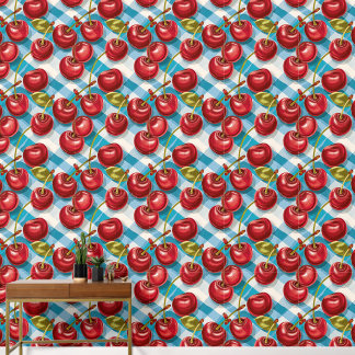 Cute Cherry and Blue Plaid Pattern Wallpaper