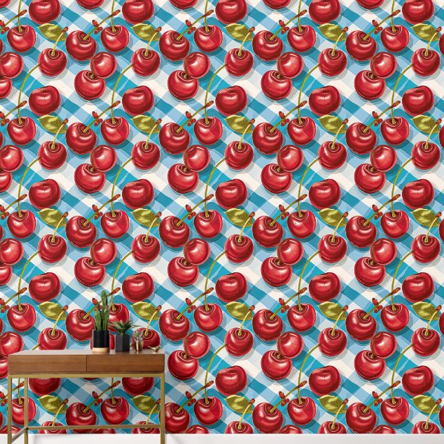 Cute Cherry and Blue Plaid Pattern Wallpaper (Hallway)
