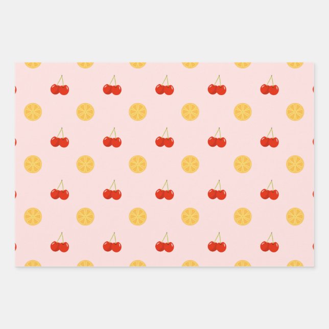 Cute Cherry and Lemon Fruit Pattern Wrapping Paper (Front)