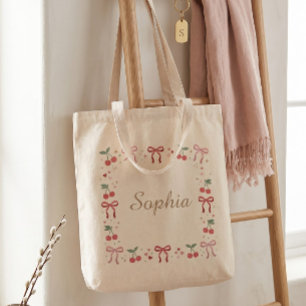 Cute Cherry and Ribbon Coquette Custom Name Tote Bag