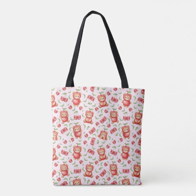 Cute Cherry Bear and Fruit Seamless Pattern Tote Bag (Back)
