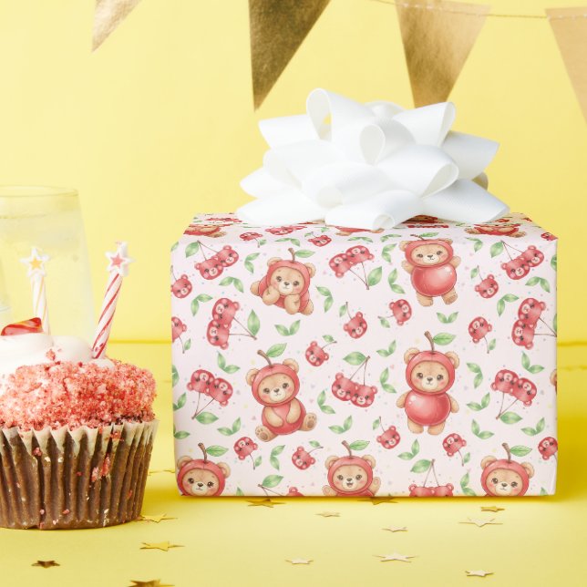 Cute Cherry Bear and Fruit Seamless Pattern Wrapping Paper (Birthday Party)