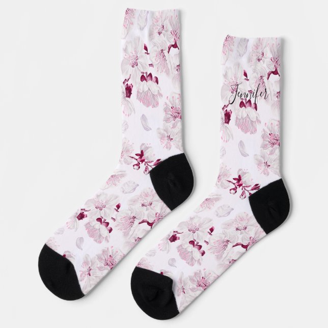 Cute cherry blossom floral pattern cute white pink socks (Left)