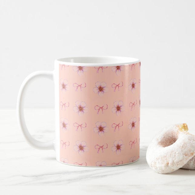 Cute Cherry Blossom Ribbon Design  Coffee Mug (With Donut)
