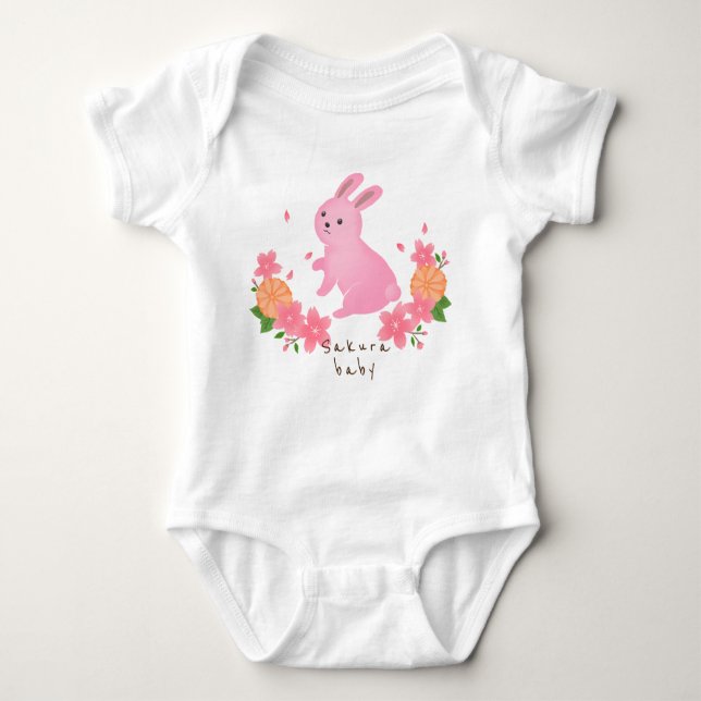 Cute cherry blossoms and pink rabbit Japanese Japa Baby Bodysuit (Front)