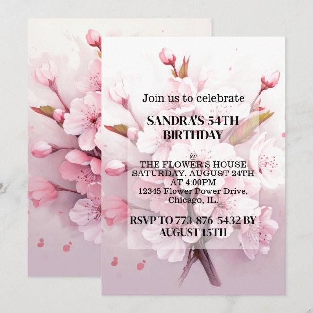Cute Cherry Blossoms Birthday Party Invitations (Front/Back)
